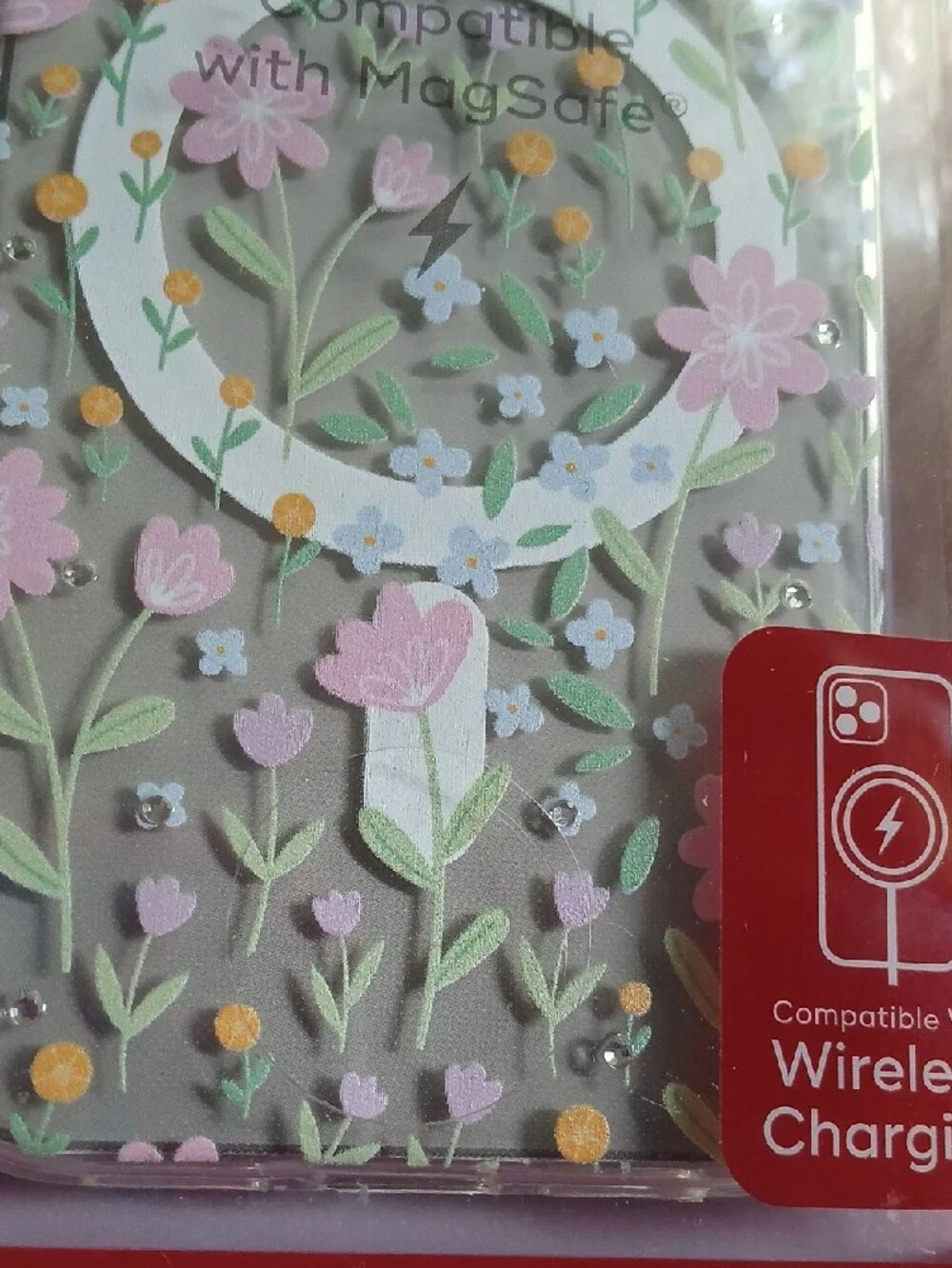 Floral Crystal Phone Case Compatible with MagSafe - Pink & White